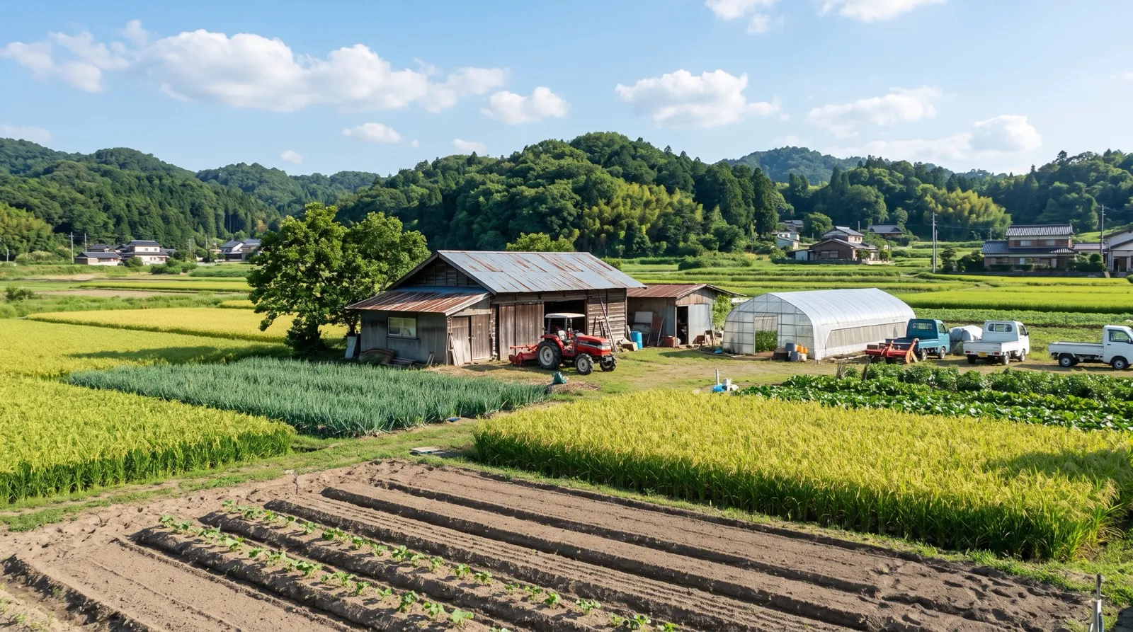 田んぼと畑の広がる農場
